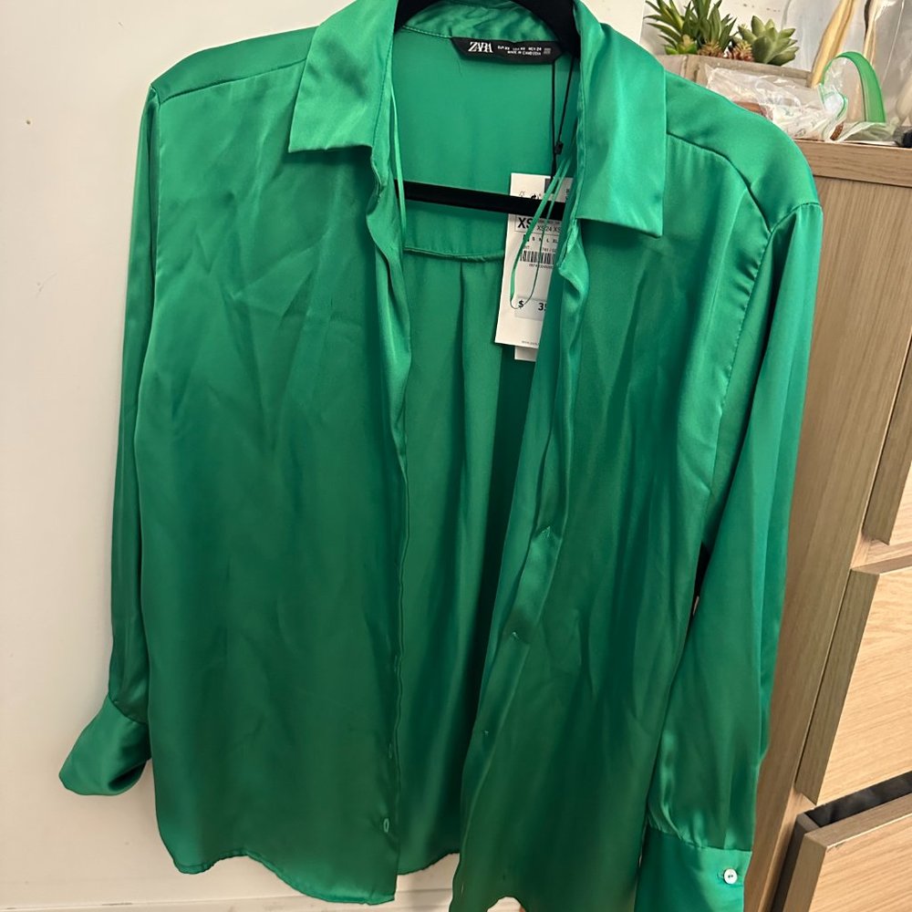 Zara Flowy Green Satin Shirt